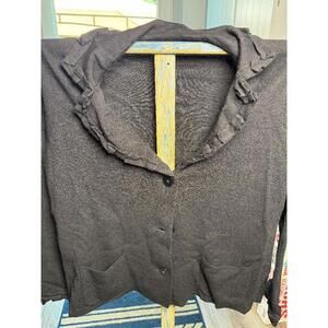 Talbots Petites 100% Merino Wool Ruffle Cardigan Sweater Black Button Front